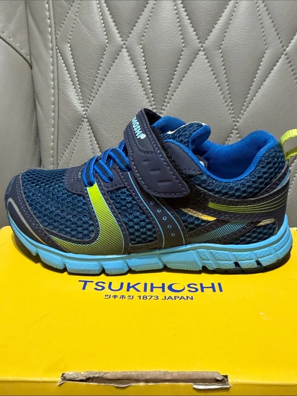 Tsukihoshi Kids Navy Blue Athletic Sneakers with Bright Blue and Lime Accents